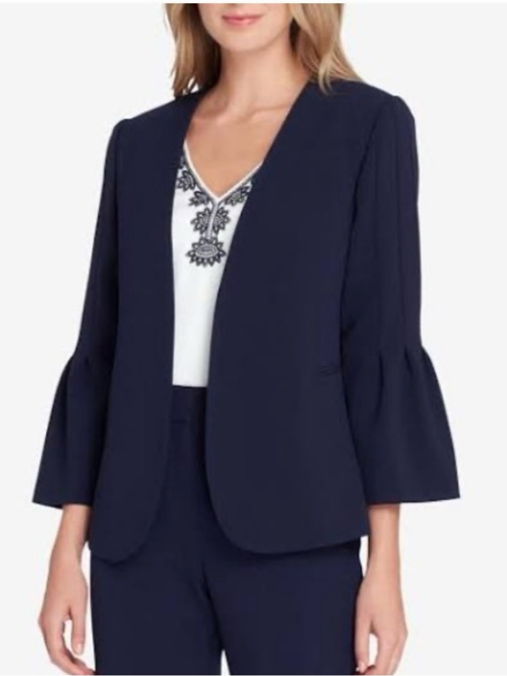 T Tahari Navy Bell-Sleeve Open-Front Blazer